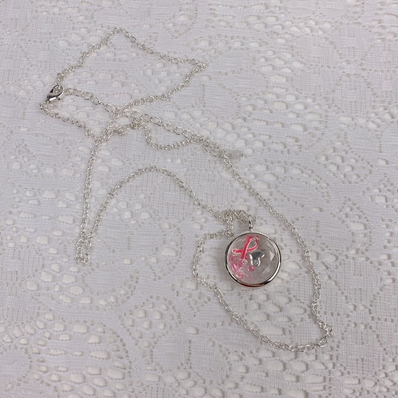 Silver NRQ Necklace & Pendant Pink ribbon & heart gems Breast Cancer Round New - Picture 10 of 13